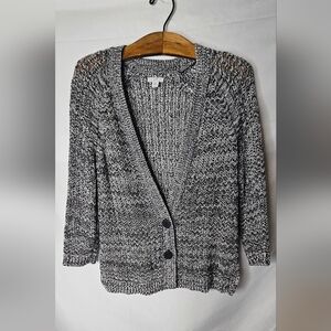 J Jill Cardigan Black White Marled Button Front  Boyfriend Sweater XS